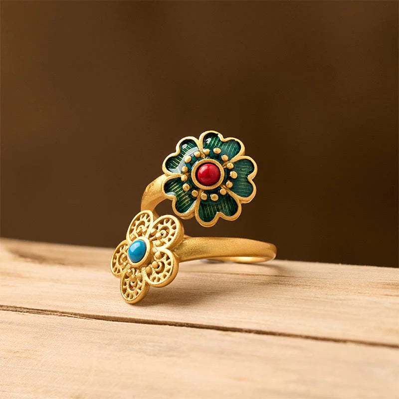 Buddha Stones Double Petals Copper Dripping Turquoise Wealth Ring