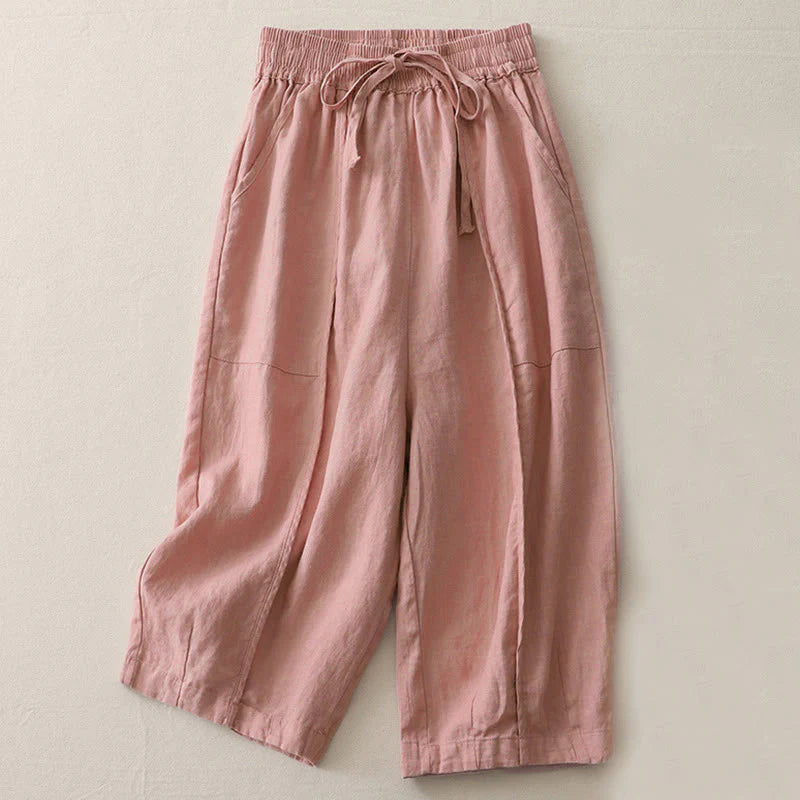Buddha Stones Casual Plain Solid Color Patchwork Women's Polyester 7-8 Length Wide Leg Pants With Pockets