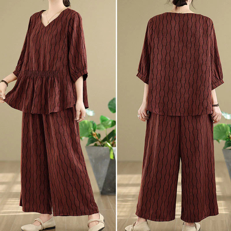 Buddha Stones 2pcs Striped Pattern Short Sleeve Shirt Polyester 7 Length Harem Pants Set With Pocket