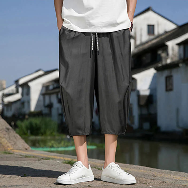 Buddha Stones Summer Elastic Waist Drawstring Solid Color Half Men's Tapered Pants With Pockets