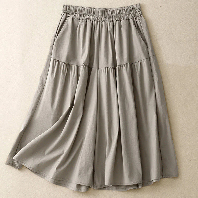 Buddha Stones Casual Loose Plain Women's Cotton Elastic 7-8 Length Wide Leg Pants With Pockets