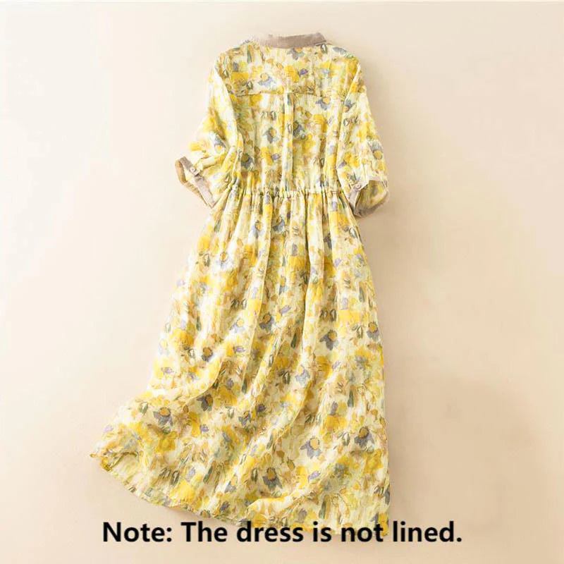 Buddha Stones Half Sleeve Color Contrast Floral Pattern Midi Dress With Pockets