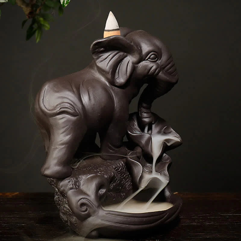 Buddha Stones Tibetan Elephant Purple Clay Backflow Smoke Fountain Peace Healing Incense Burner Decoration