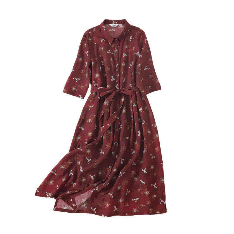 Buddha Stones Summer Printing Floral Button Lace-Up Design Half Sleeve Midi Dress With Pockets
