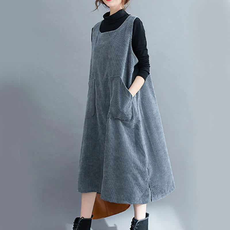 Buddha Stones Commute Crew Neck Women's Sleeveless Cotton Corduroy Midi Dress With Pockets