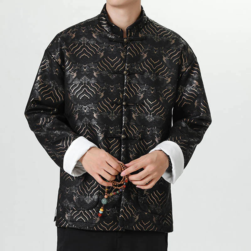 Buddha Stones Frog-Button Chinese Tang Suit Wave Shape Long Shirt Men Jacket Clothing (Extra 30% Off | USE CODE: FS30)