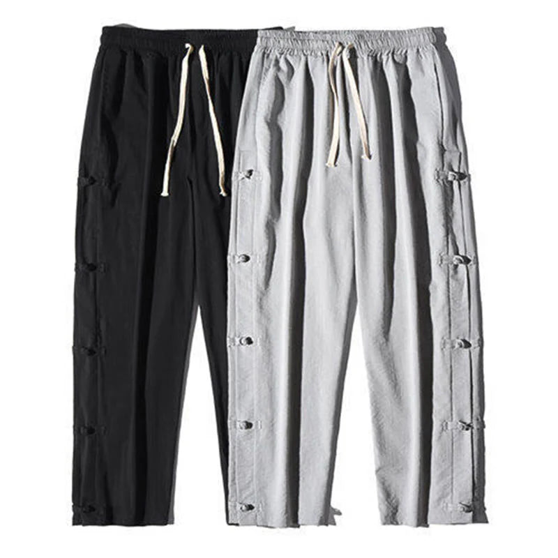 Buddha Stones Casual Patchwork Crane Pattern Frog-Button Design Men's Wide Leg Pants With Pockets