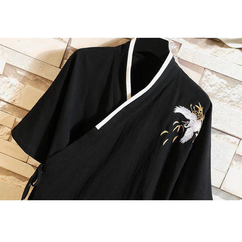 Buddha Stones Tang Suit Embroided Crane Pattern Lace-Up Side Men's Cotton Linen Short Sleeve T-Shirt