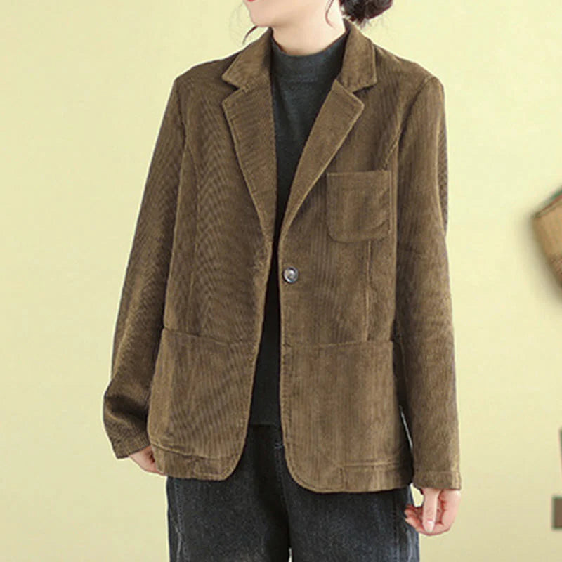 Buddha Stones Retro Plain Women's Long Sleeve Corduroy Jacket With Pockets