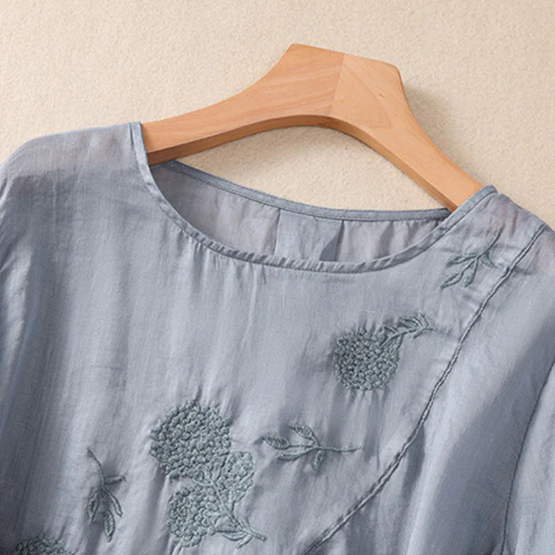 Buddha Stones Embroidered Flower Crew Neck Design Women's Cotton Linen Half Sleeve Shirt