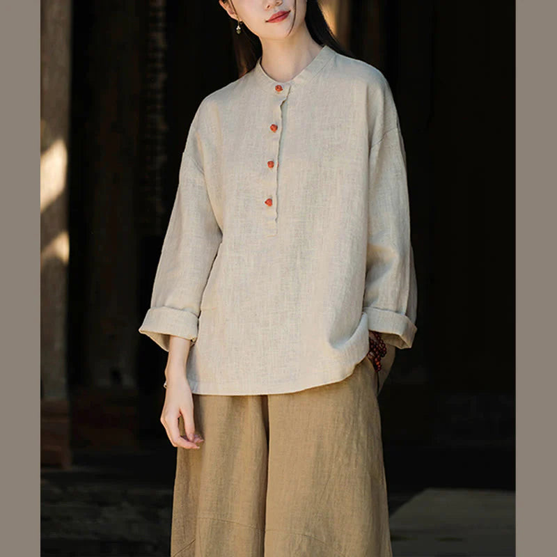 Buddha Stones Solid Color Loose Button Blouse Long Sleeve Shirt Top