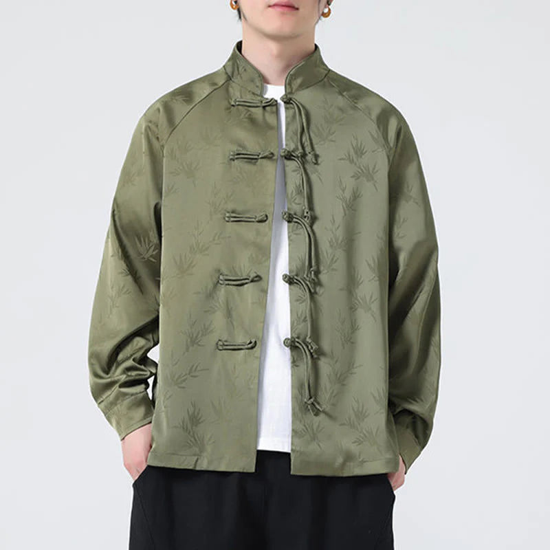 Buddha Stones Spring Jacquard Bamboo Leaves Pattern Chinese Frog-Button Design Men's Long Sleeve Shirt