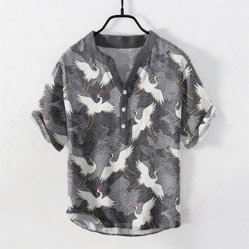 Buddha Stones Crane Short Sleeve Men's Shirt Resort Casual