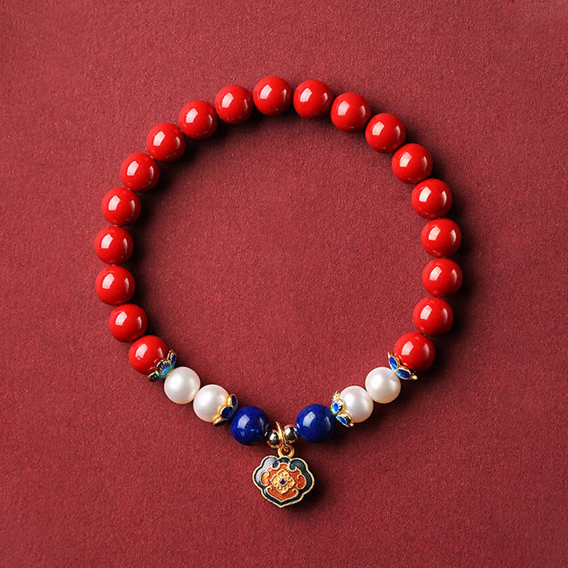 Buddha Stones Cinnabar Lapis Lazuli Chinese Lock Charm Blessing Bracelet