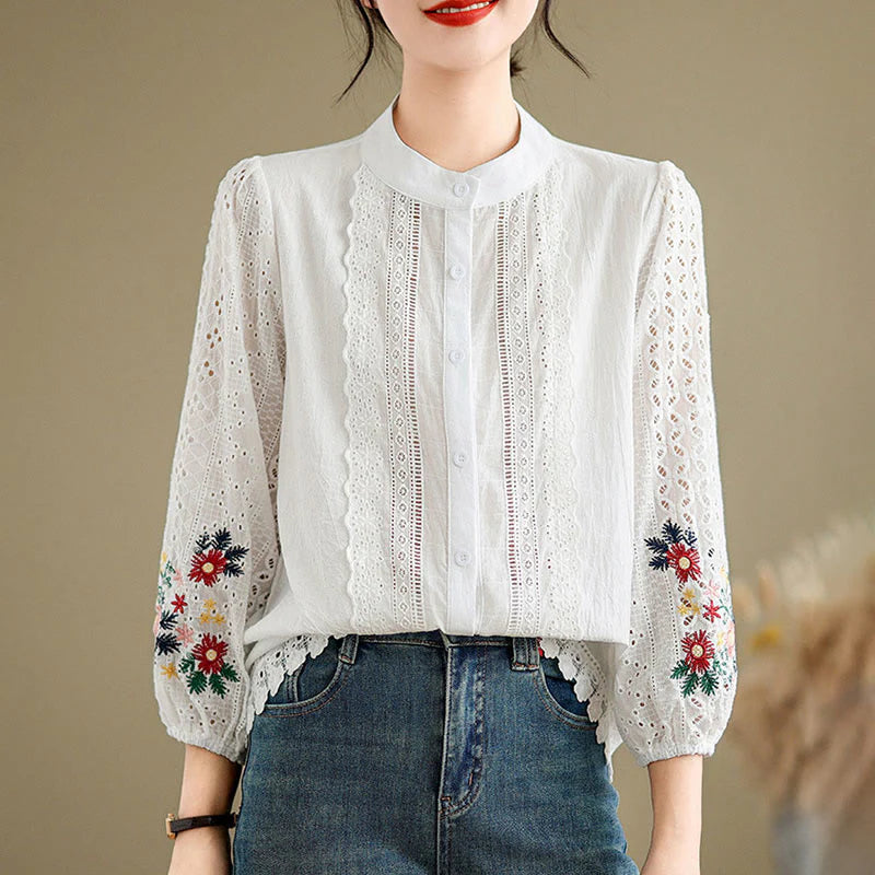 Buddha Stones Fall Lace Embroidery Flower Leaf Pattern Stand Collar Buttons Women's Long Sleeve Shirt