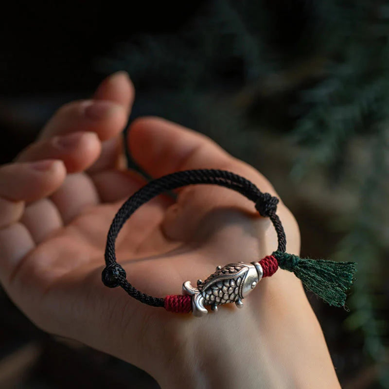 Buddha Stones 925 Sterling Silver Luck Koi Fish Braided Bracelet