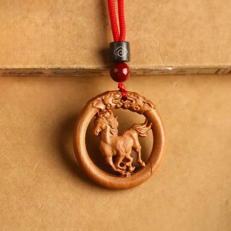 Buddha Stones Peach Wood Chinese Zodiac Year Of The Horse Ward Off Evil Spirits Necklace Pendants