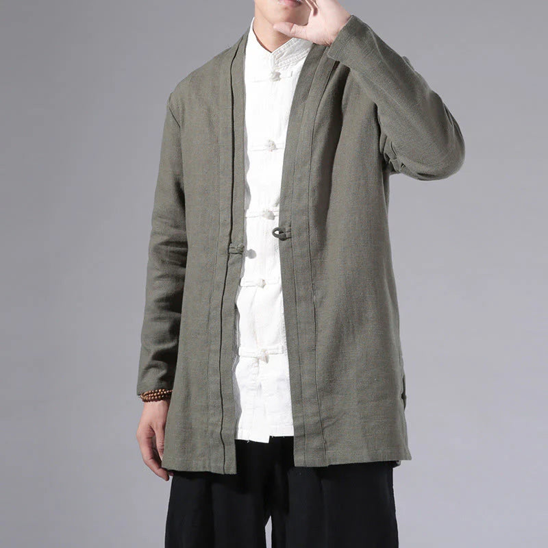 Buddha Stones Plain Simple Design Open Front Cotton Linen Men's Long Sleeve Jacket Kimono