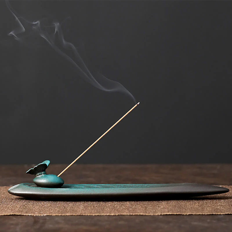 Buddha Stones Three Stones Waves Butterfly Bamboo Healing Ceramic Stick Incense Burner Decoration