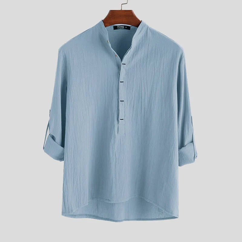 Buddha Stones Solid Color Half Buttons Long Sleeve Cotton Linen Men's Shirts