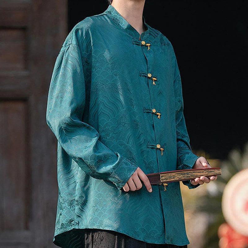 Buddha Stones Chinese Frog-Button Bamboo Shape Design Stand Collar Men's Long Sleeve Shirt