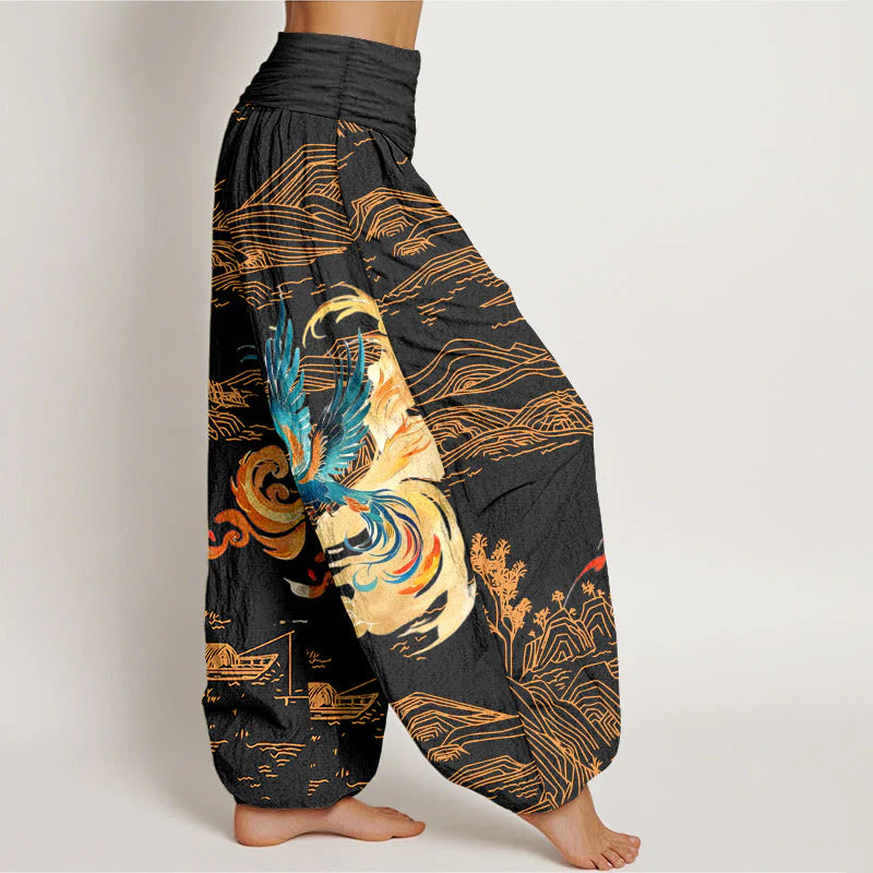 Buddha Stones Phoenix Mountains Landscape Pattern Women's Elastic Waist Harem Pure Cotton Pants