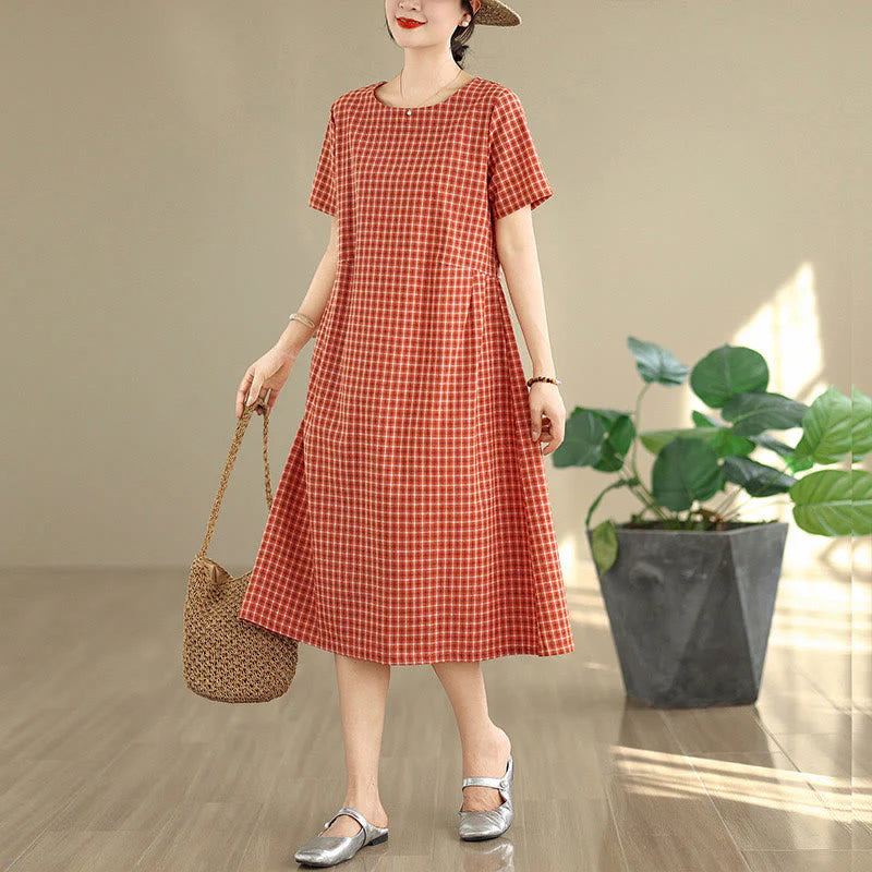 Buddha Stones Retro Solid Color Plaid Pattern Crew Neck Short Sleeve Cotton Linen Midi Dress With Pockets