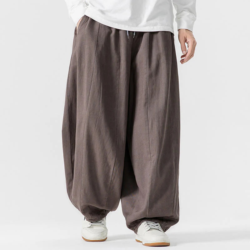 Buddha Stones Fall Solid Color Cotton Elastic Waist Men's Harem Pants With Pockets