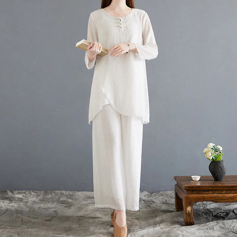 Buddha Stones 2Pcs Beige Chinese Frog-Button Design Long Sleeve Shirt Top Pants Meditation Zen Tai Chi Cotton Linen Clothing Women's Set