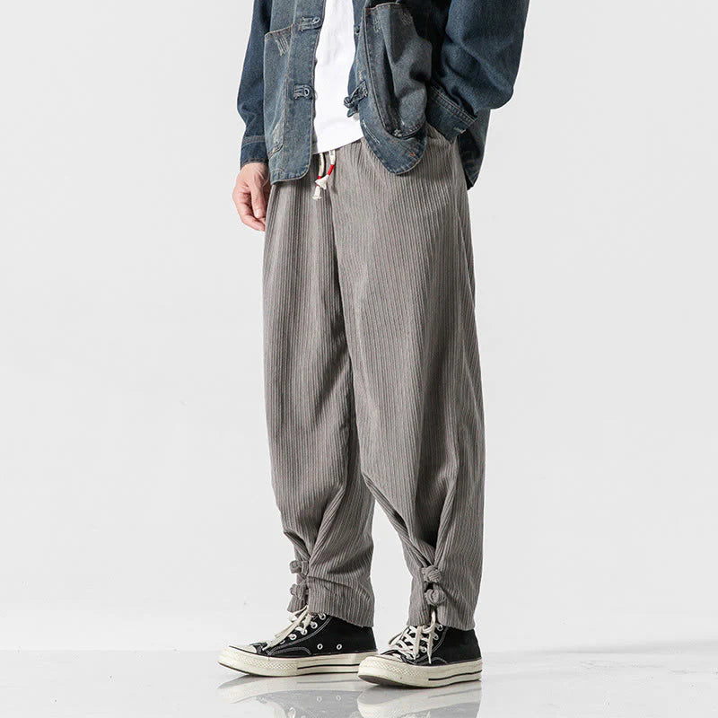 Buddha Stones Fall Winter Men's Pure Color Button Design Cotton Straight Leg Pants With Pockets