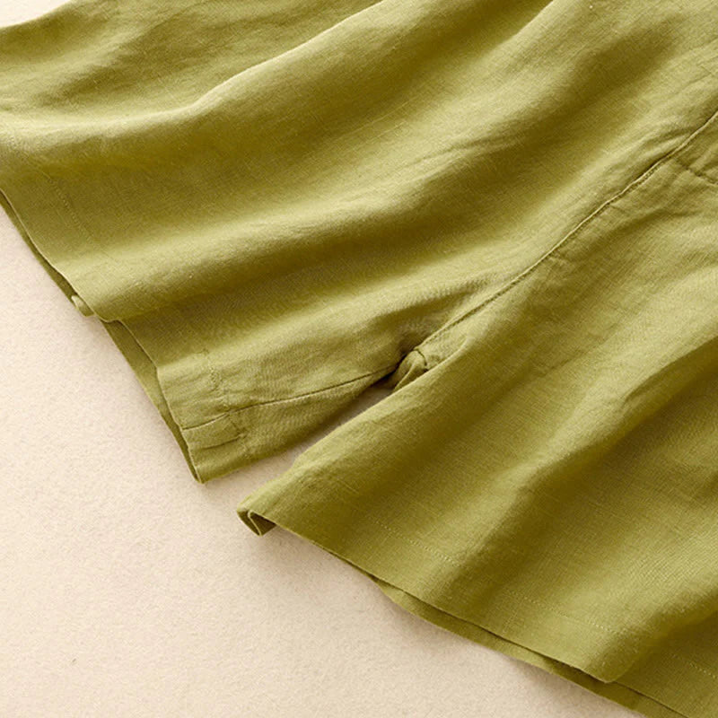 Buddha Stones Summer Casual Embroidery Flower Pleated Zipper Button Cotton Linen Women's Shorts With Pockets