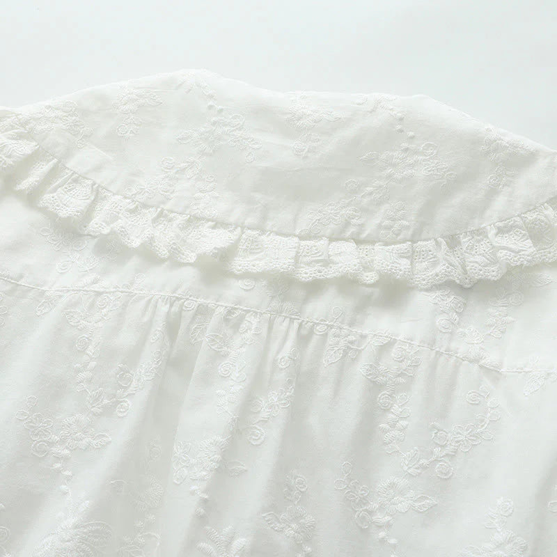 Buddha Stones Fall White Floral Embroidery Peter Pan Collar Buttons Women's Cotton Long Sleeve Shirt