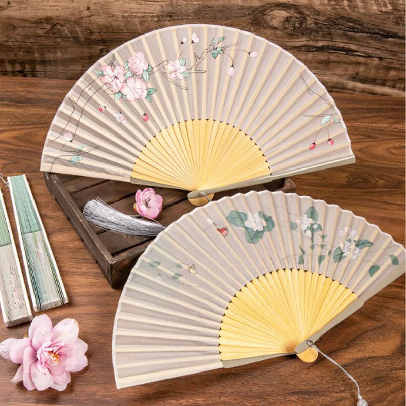Buddha Stones Jasmine Lotus Begonia Flowers Handheld Bamboo Folding Fan (Extra 30% Off | USE CODE: FS30)