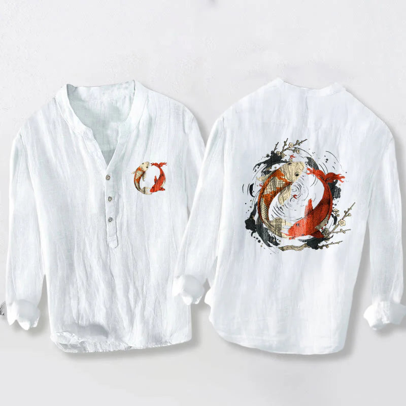 Buddha Stones Red White Koi Fish Yin Yang Pattern Half Buttons Men's Cotton Linen Long Sleeve Shirt