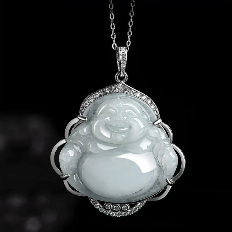 Buddha Stones Laughing Buddha Natural Jade Abundance Titanium Steel Chain Necklace Pendant