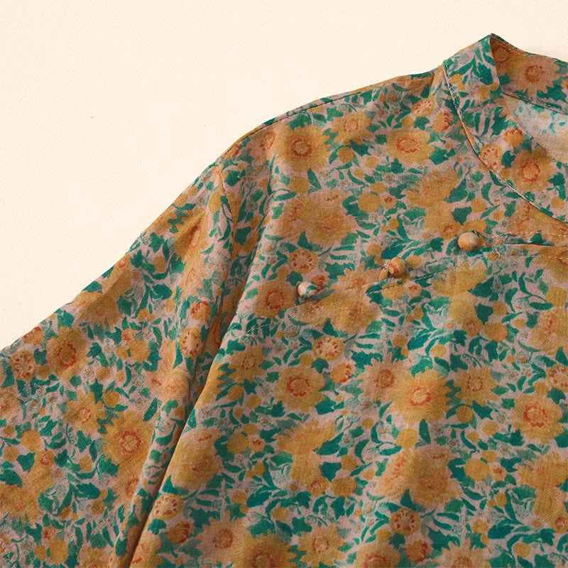 Buddha Stones Summer  Frog-Button Stand Collar Short Sleeve Flower Pattern Women's Cotton Shirt