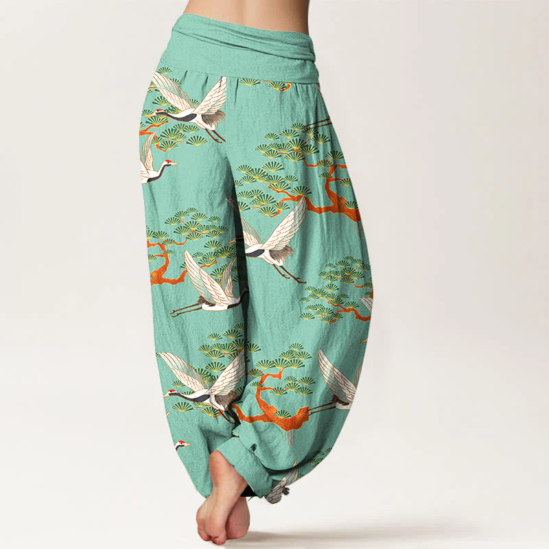 Buddha Stones Print Pine Tree Crane Pattern Pure Cotton Women's Elastic Waist Harem Pants