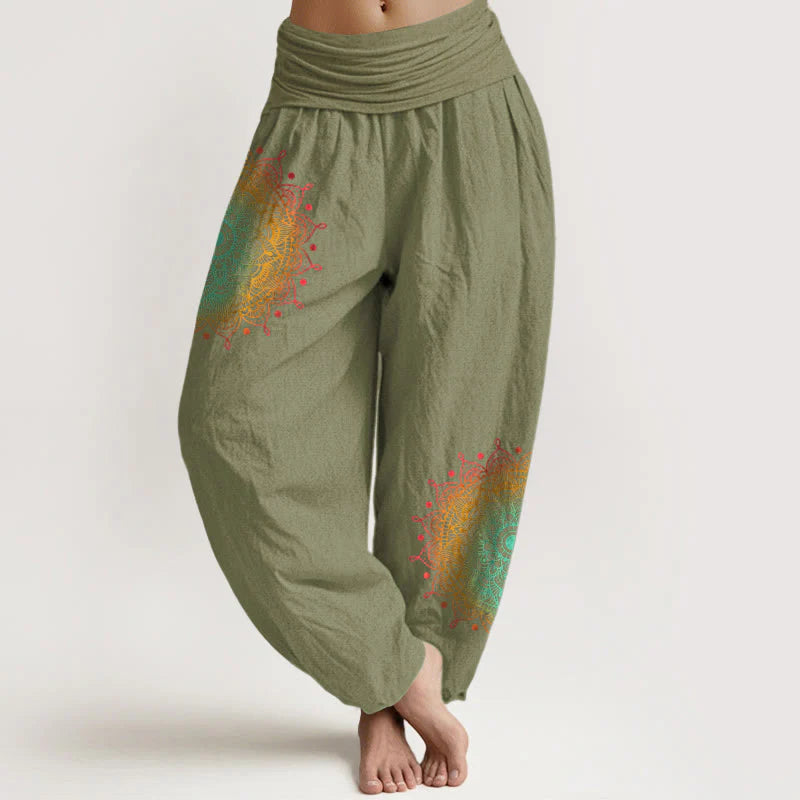 Buddha Stones Pure Cotton Simple Style Mandala Pattern Women's Elastic Waist Harem Pants