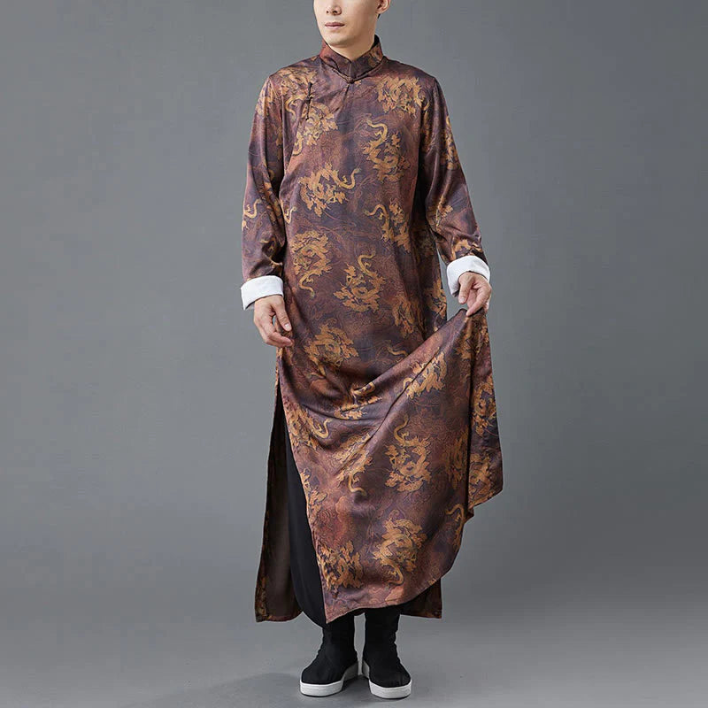 Buddha Stones Vintage Chinese Frog-Button Tang Suit Men's Dragon Cotton Robe
