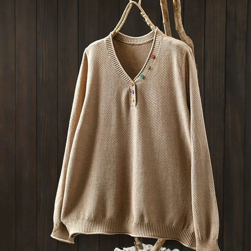 Buddha Stones Fall Colorful Buttons V-Neck Cotton Women's Long Sleeve Knitted Sweater