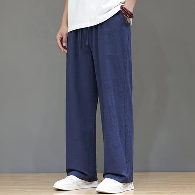 Buddha Stones Summer Men's Cotton Linen Straight Leg Pants With Pockets