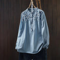 Buddha Stones Geometry Floral Embroidery Cotton Denim Half Buttons Long Sleeve Women's Shirt