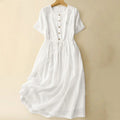 Buddha Stones Commute Embroidery Pleated Button Drawstring Design Cotton Linen Ruffled Short Sleeve Midi Dress