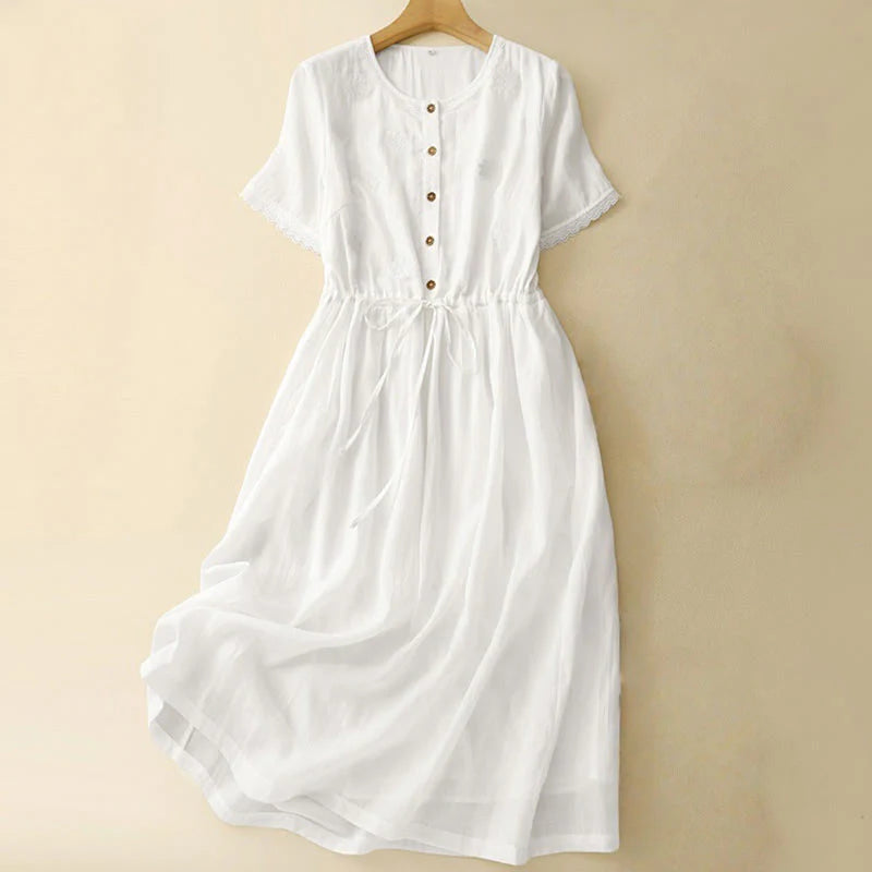 Buddha Stones Commute Embroidery Pleated Button Drawstring Design Cotton Linen Ruffled Short Sleeve Midi Dress