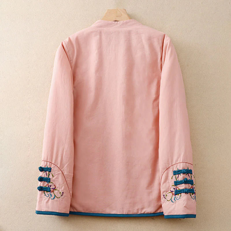 Buddha Stones Winter Flower Embroidery Frog-Button Long Sleeve Women's Thermal Jacket