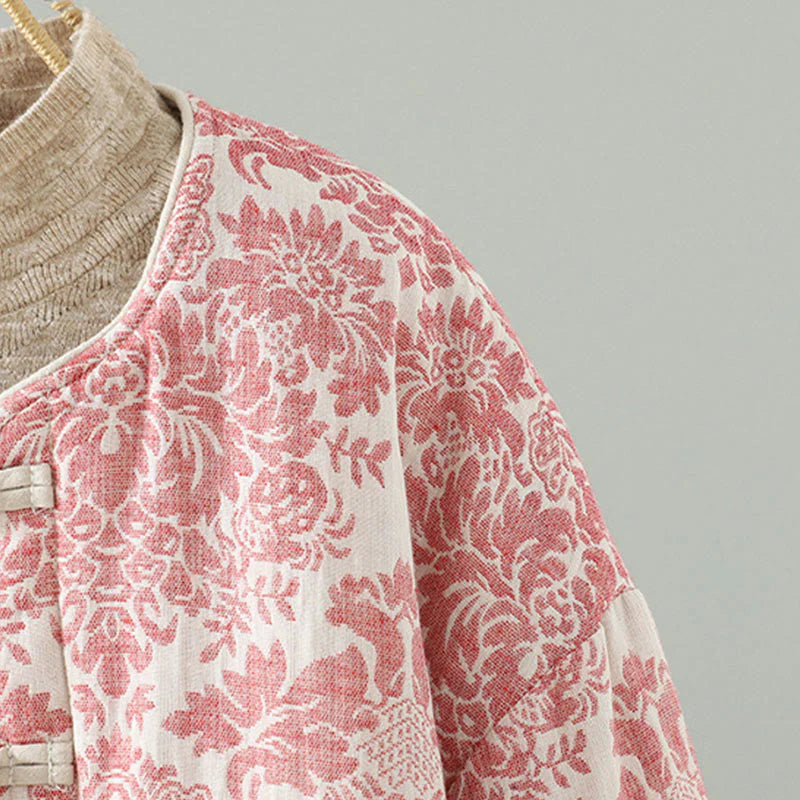 Buddha Stones Women's Peony Flowers Frog-Button Design Long Sleeve Thermal Jacket With Pockets