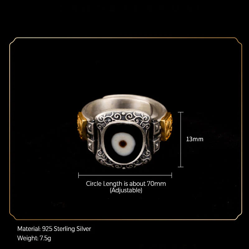 Buddha Stones 925 Sterling Silver Zakiram Goddess of Wealth Design Dzi Bead Protection Ring