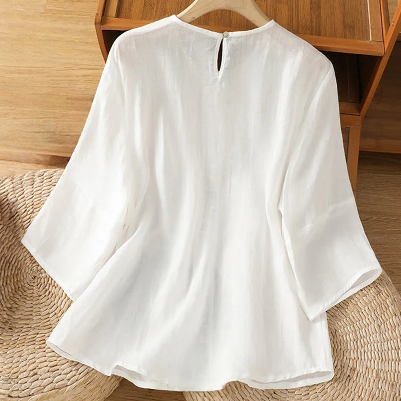 Buddha Stones Casual Pure Color Crew Neck Women's Cotton Linen Three Quarter Sleeve Shirt