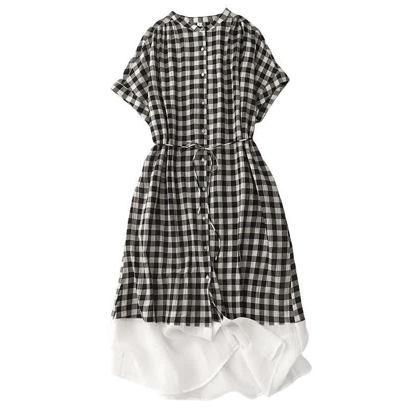 Buddha Stones Spring Gingham Knee Length Women's Short Sleeve Dress With Tie Waist Chiffon Hem