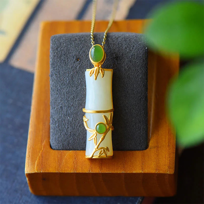 Buddha Stones White Jade Cyan Jade Bamboo Protection Necklace Pendant